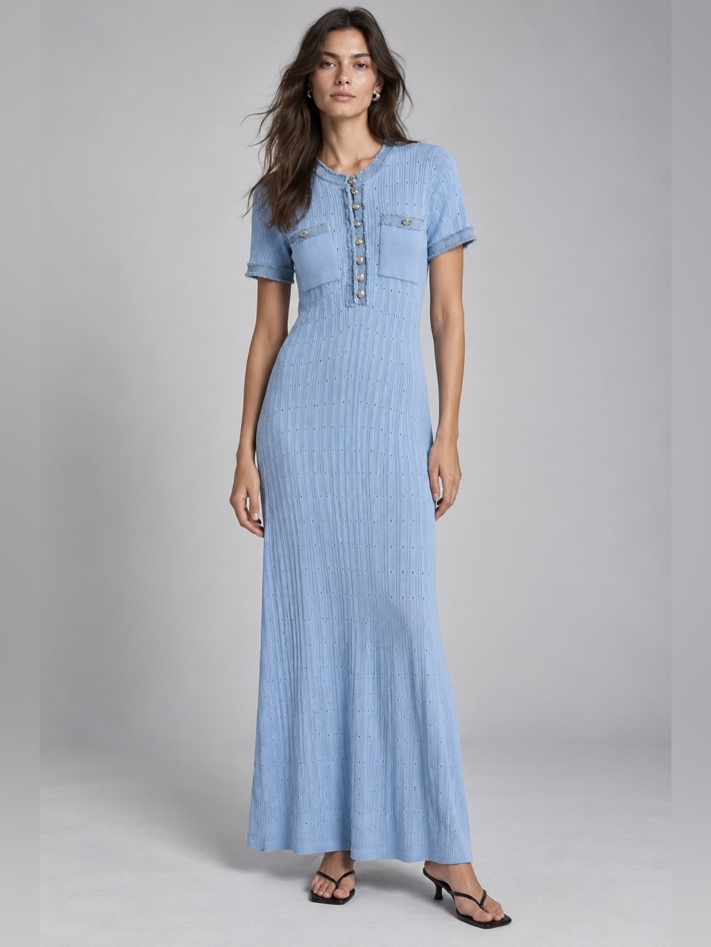 Sierra Darien Blue Pointelle Knit Maxi Dress Silver Button Raw Edge
